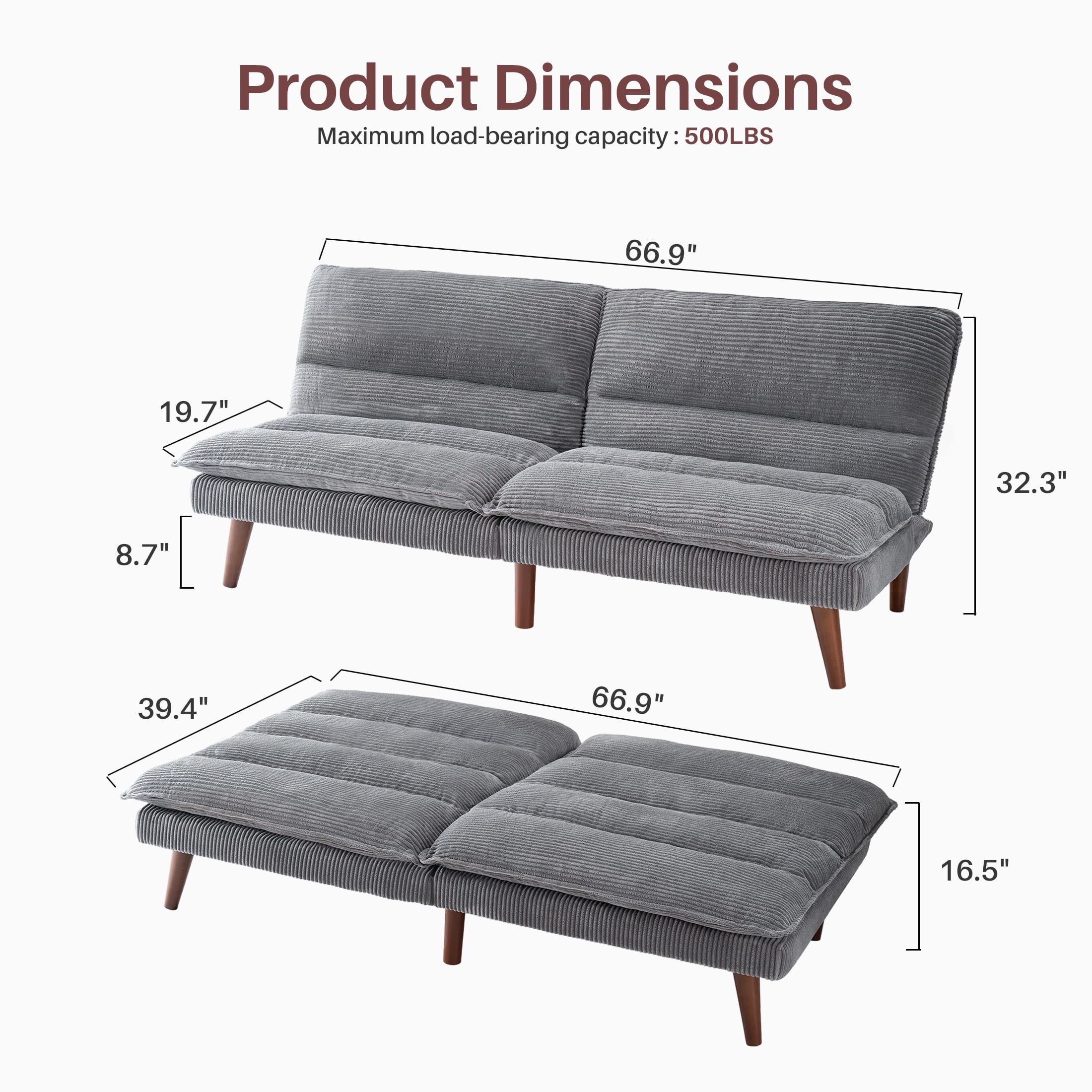 edx Stylish Futon Sofa Bed - Memory Foam Convertible Loveseat, Perfect Sleeper Convertible Futon Couch for Living Room, Corduroy Upholstery,Gray