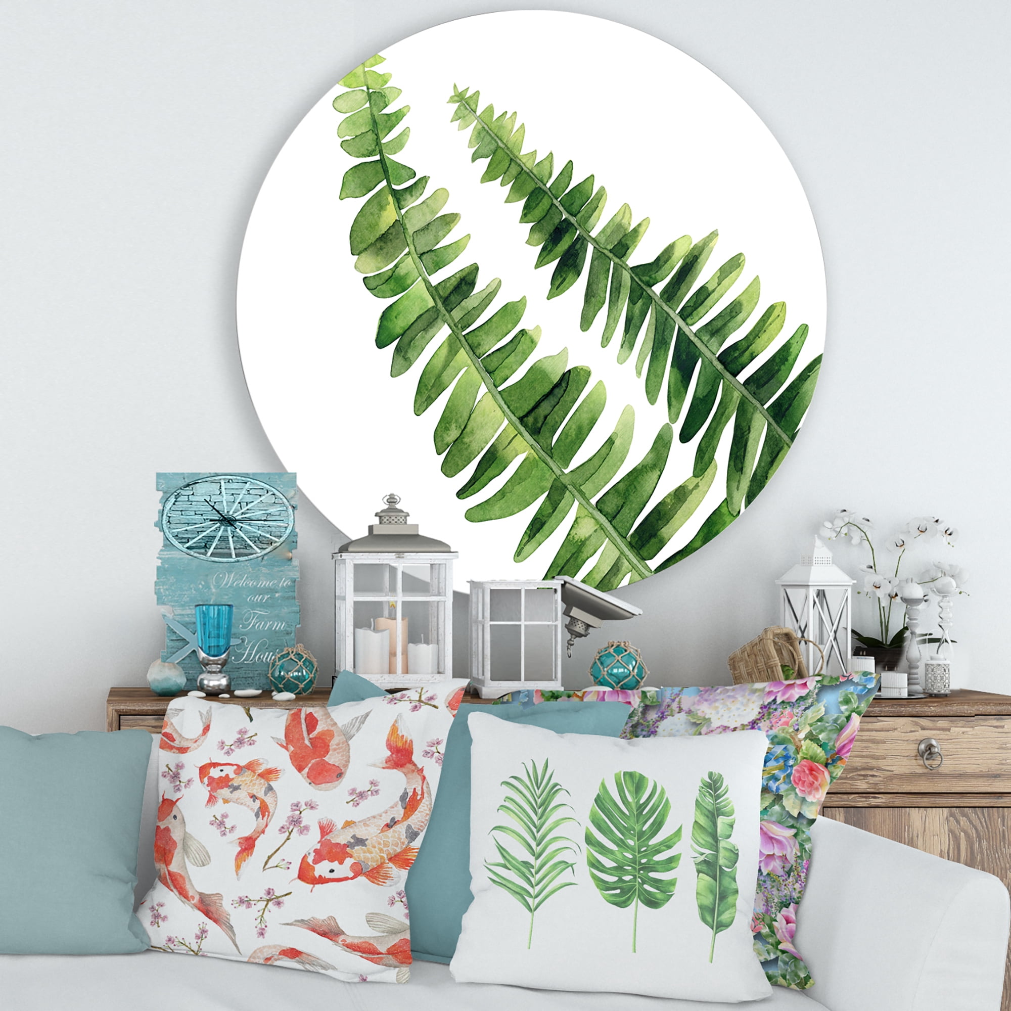 Designart 'Fern Plant Leaves Detail I' Farmhouse Circle Metal Wall Art 36x36 - Disc of 36