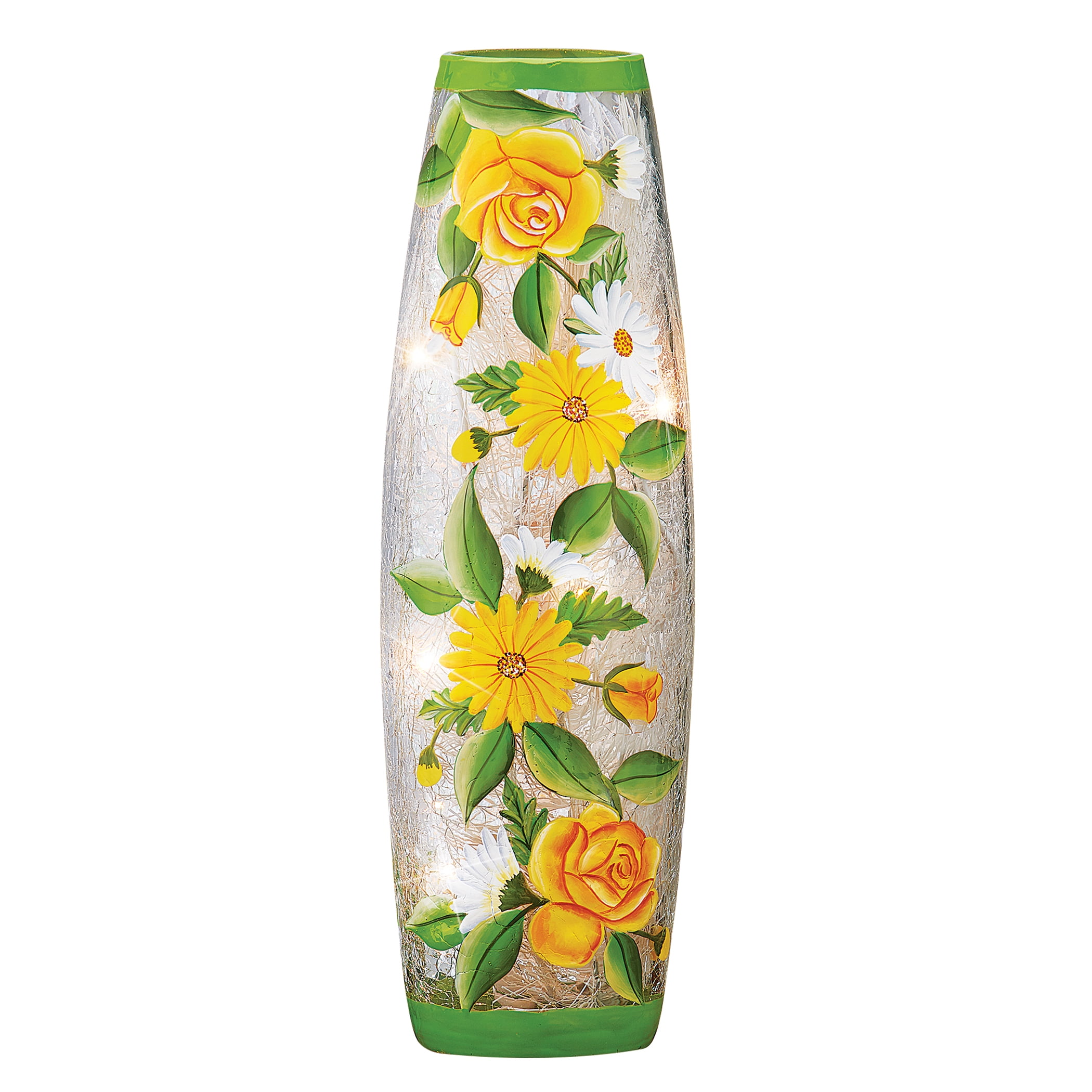 Yellow Roses & Daisies Crackled Glass Hurricane Lamp For Mantel