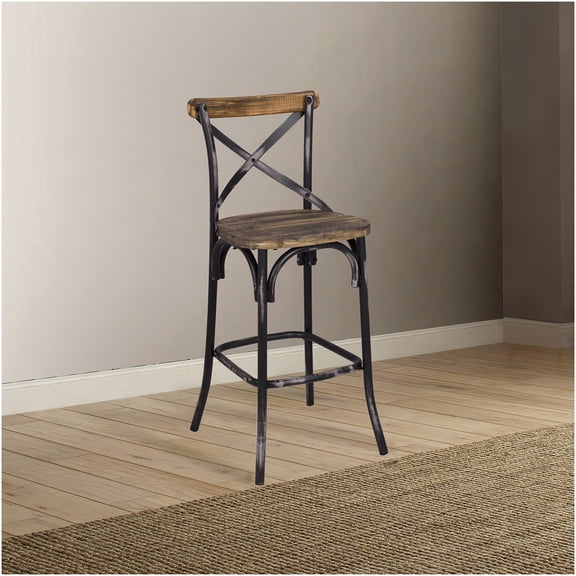Industrial Vintage Bar Stool with Wood Seat and X-Back Design, Antique Black and Oak Finish Metal Counter Height Chair for Kitchen Island, Pub, Home Decor