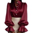 thumbnail image 3 of Women's Solid Color Satin Shirt, Puff Sleeve Turn-Down Collar Button Down Blouse, Elegant Office Work Blouse and Casual Date Night Top for Women Wine L, 3 of 5