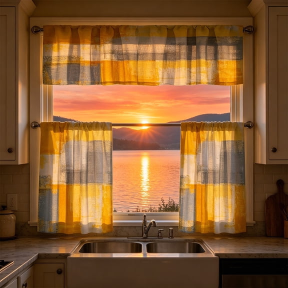 Decorative Kitchen Window Curtain with 2D Print Design, Water Resistant Light Filtering Half Curtain for Kitchen Decor, Washable Short Window Treatment for Home Kitchen and Dining Area