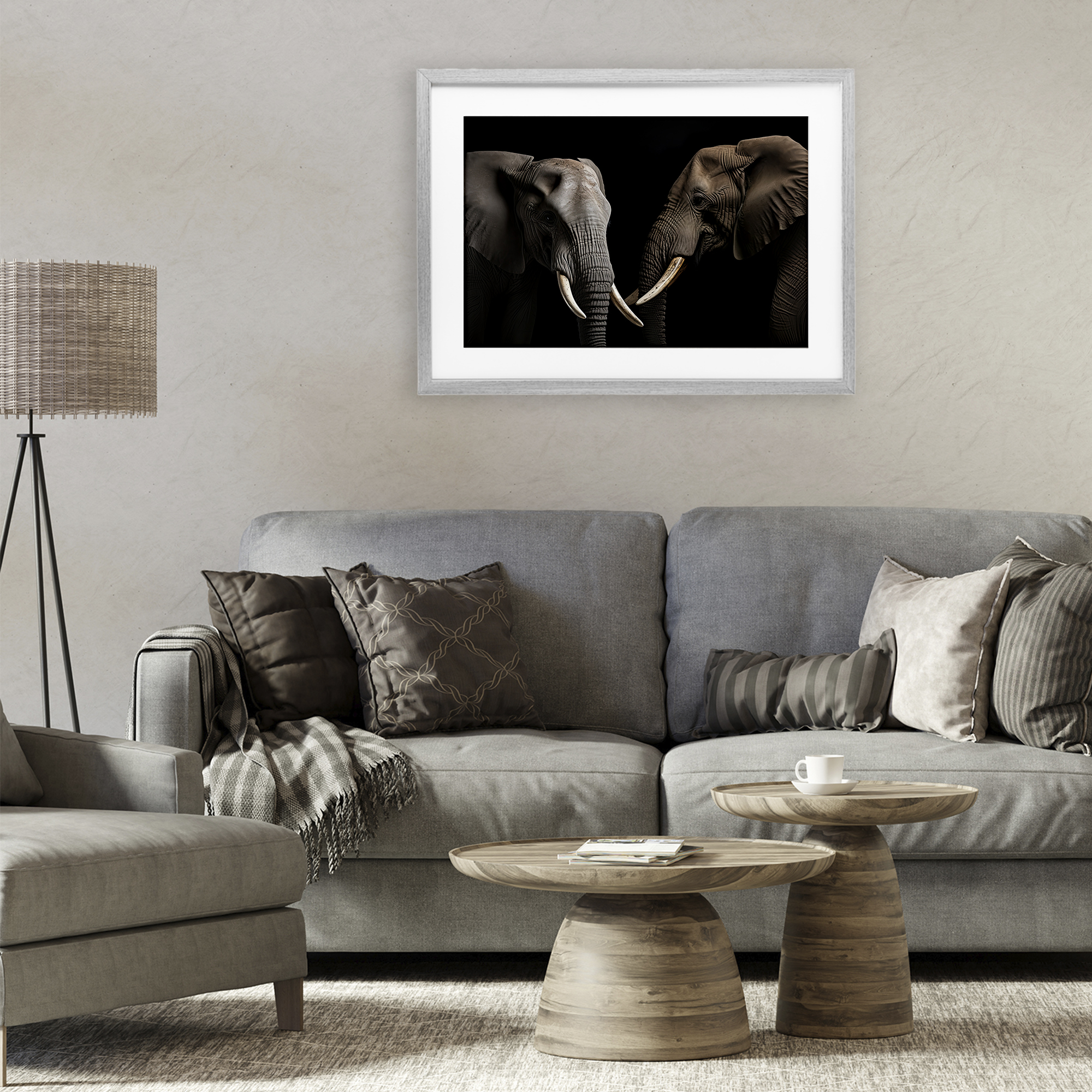 Pachyderm Elephant Pair Gray Framed Print Under Glass, design by Decent Exposures