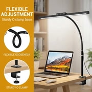 LED Desk Lamp with Double Head, 10W Adjustable Swing Arm Desk Light, 5-Level Dimmable Eye-Caring Desk Lamp for Home Office, Reading, Study