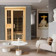 2-Person Size Wooden Far Infrared Sauna Room, with configuration 1650W, Atmosphere light,2 Bluetooth Speakers,Time and temperature preset,Touch control, Automatic power-off system for overheating