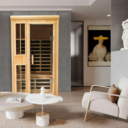 2-Person Size Wooden Far Infrared Sauna Room, with configuration 1650W, Atmosphere light,2 Bluetooth Speakers,Time and temperature preset,Touch control, Automatic power-off system for overheating