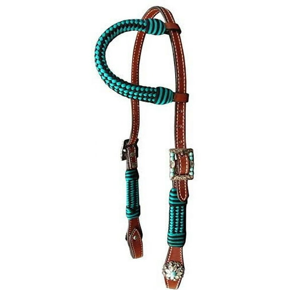 Showman Single Ear Leather Headstall w/ Teal & Black Braid & Turquoise Beading