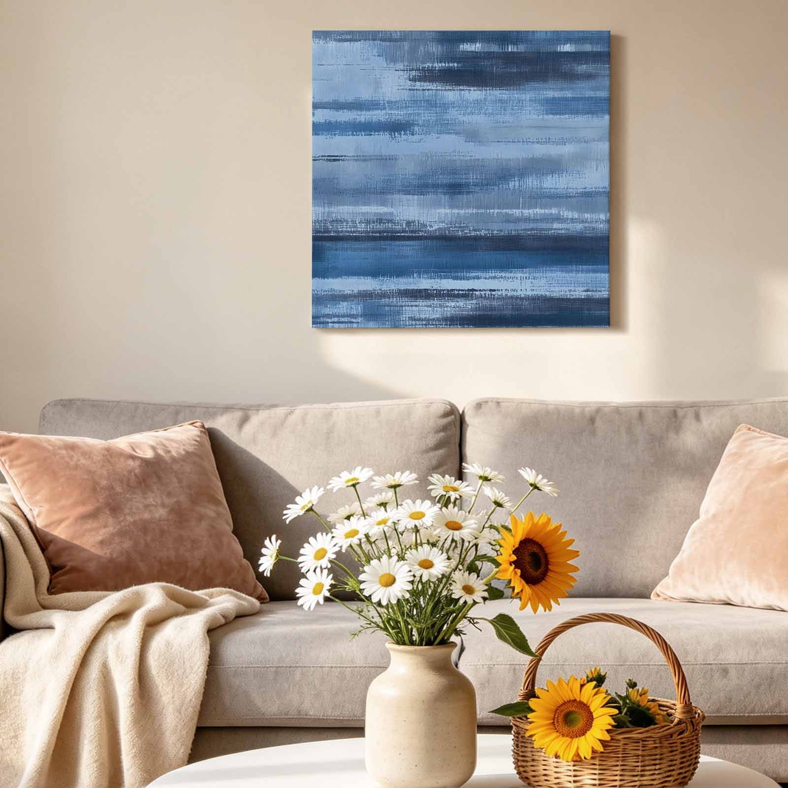 Navy Blue Paint Canvas Wall Art for Living Room, Watercolor Abstract Blue Stripes Poster Print Painting for Bedroom Office Home Decoration Wall Pictures Prepare To Hang 16"x16"