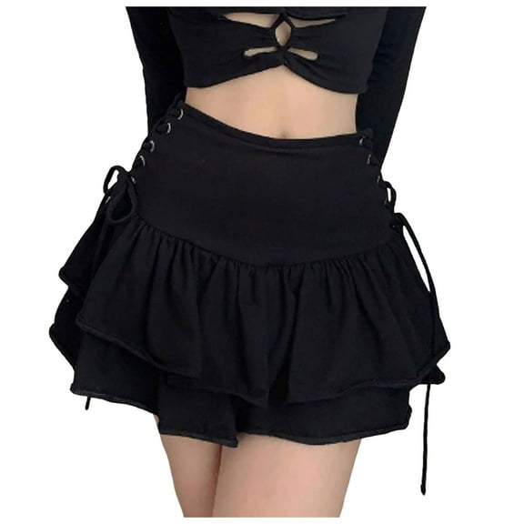 Fsqjgq Tulle Skirt Gothic Skirts for Women Cargo Skirt Falda Womens Skirts Women's Gothic Soild Black Mini Skirt Ruffle Lace Up Mesh Splicing Skirts High Waisted Flared Bubble Skirts S