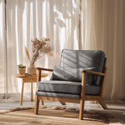 WANSHUN Solid Wood Wide Armrests Accent Chair,Upholstered Mid Century Modern Chair with Pillow,Comfy Reading Chair Farmhouse Arm Chair,Chairs Living Room,Bedroom,Guest Room,Linen Fabric,Dark Grey