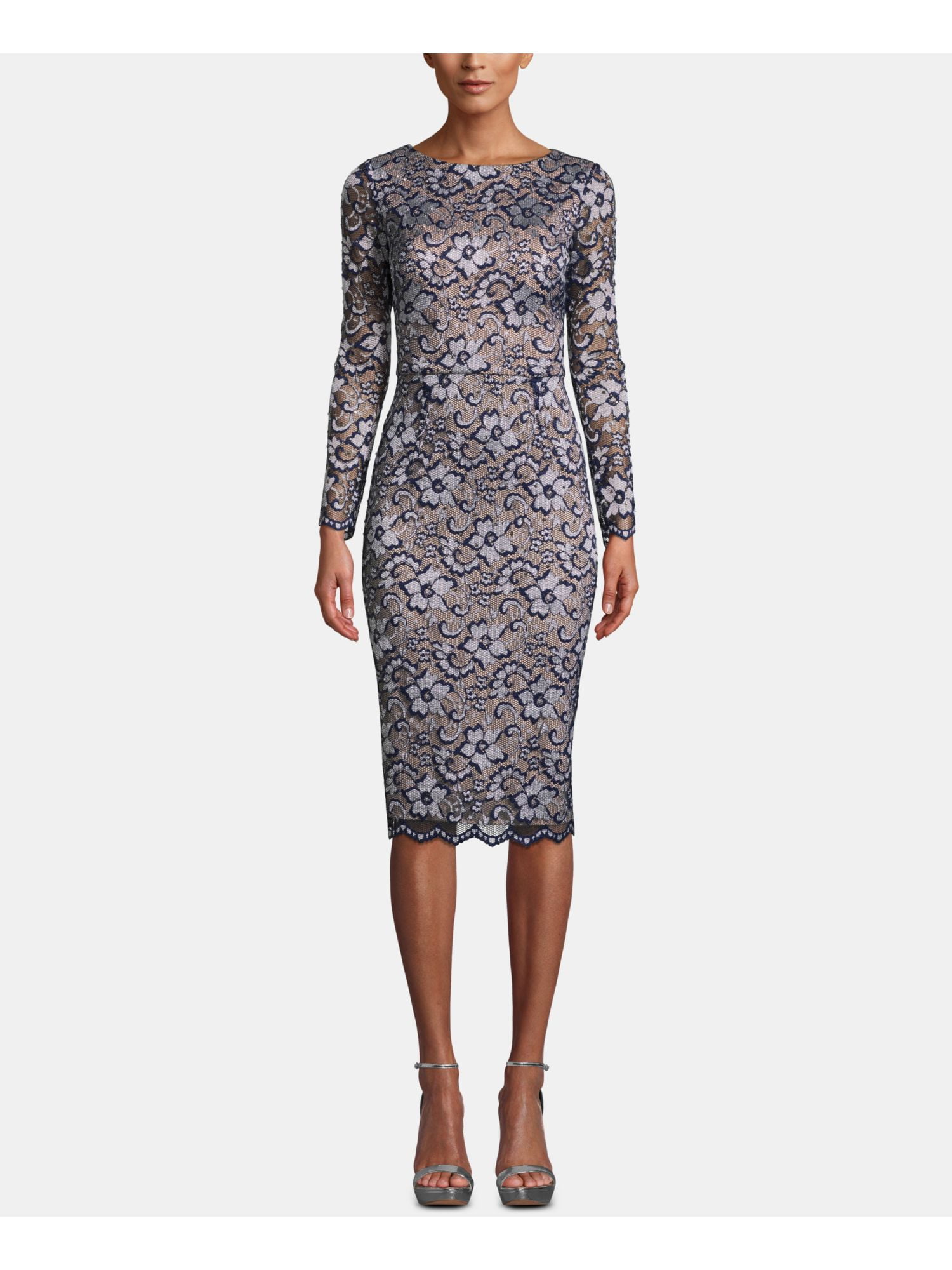 Xscape XSCAPE Womens Navy Lace Floral Long Sleeve Jewel Neck Below