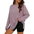 thumbnail image 3 of Horkkom Long Sleeve Shirts for Women Crew Neck Oversized Plain T Shirts Casual Loose Solid Color Basic Tees Slid Side L, 3 of 7