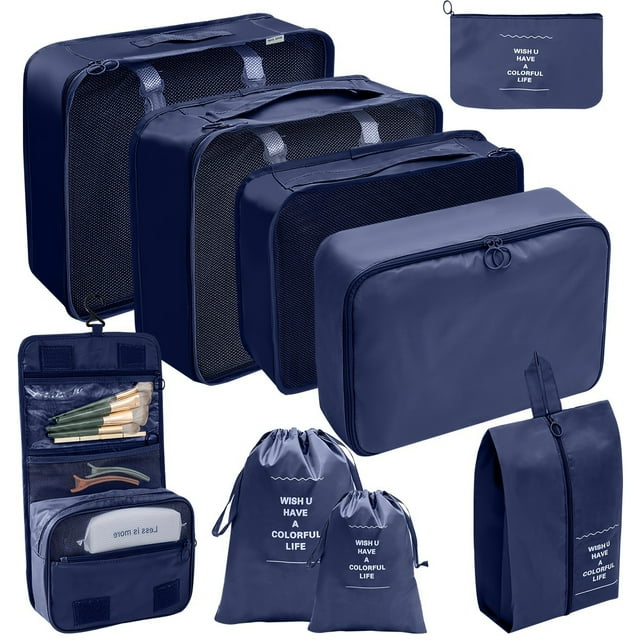 YOPTOP 9-Piece Set of Large Capacity Travel Pack Cubes Lightweight Travel Luggage Organizers - Portable Clothes Storage Bags - Easygoing Casual Travel Bags - Made of Polyester,Navy blue 9 pieces