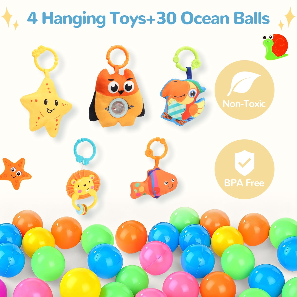 Baby Play Mat, Caveen 3 in 1 Baby Play Gym Activity Mat, with Hanging Toys and Ocean Balls, for Infants Toddlers, Blue Turtle