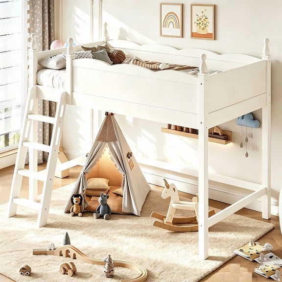 Bellemave Twin Size Loft Bed with High Guardrails, Solid Wood Loft Bed Frame with Ladder for Kids, Ample Under-Bed Space, Space-Saving Design (Beige)