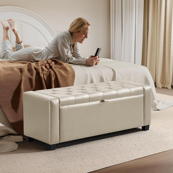 Tufted Storage Ottoman Bench in Leather Beige, Upholstered End of Bed