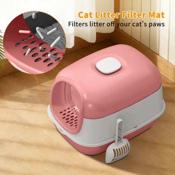 Pink E24 Fully Enclosed Cat Litter Box, Thickened Durable Odor-Lock Litter Box with Litter Filter Pedal & Non-Slip Feet