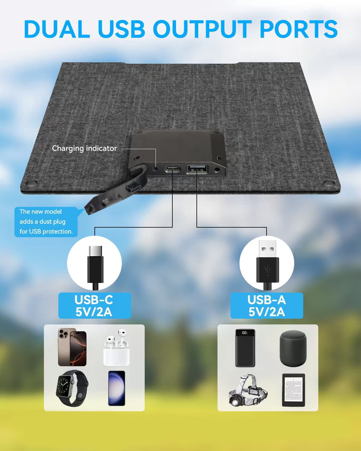 Ecosonique 15W Foldable Solar Charger Panel, Dual USB-A & USB-C Fast Charging, IP67 Waterproof ETFE, Ultra-Light Portable for Camping, Compatible with iPhone, Samsung, Google Pixel, LG