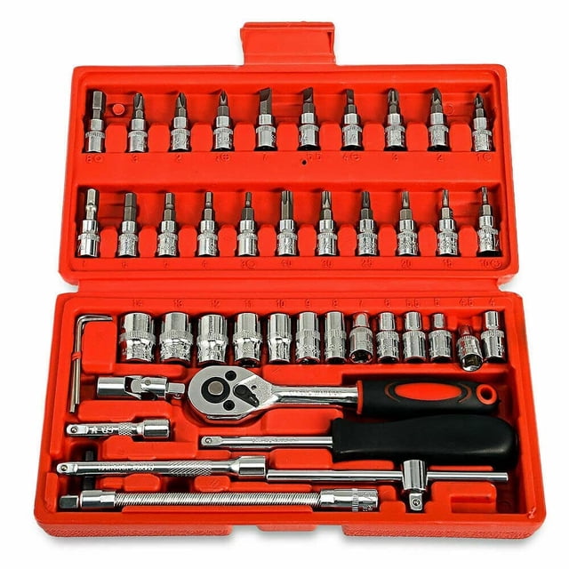 46-Pcs 1- 4" Screwdriver Drive Socket & Bits Set | Combination With Reversible Ratchet Wrench, Spinner Handle & Extension Bar | Chrome Vanadium Steel, Durable & Reliable, Repair Tools