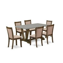 East West Furniture 7 Piece Modern Dinette Set - A Cement Top Wooden Dining Table with Trestle Base and 6 Dark Khaki Linen Fabric Kitchen Chairs - Distressed Jacobean Finish