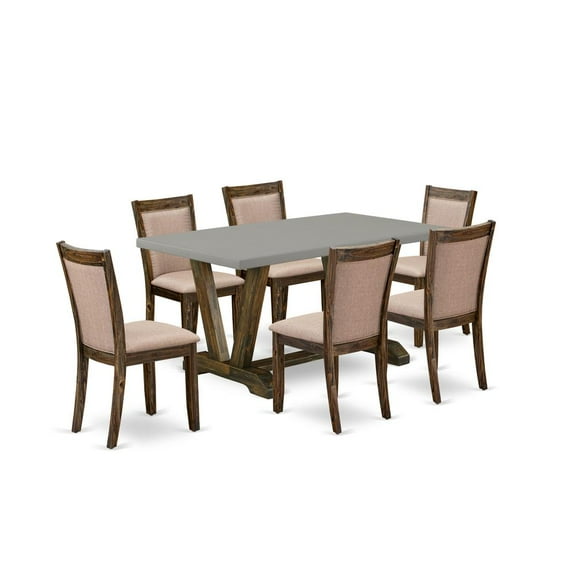 East West Furniture 7 Piece Modern Dinette Set - A Cement Top Wooden Dining Table with Trestle Base and 6 Dark Khaki Linen Fabric Kitchen Chairs - Distressed Jacobean Finish