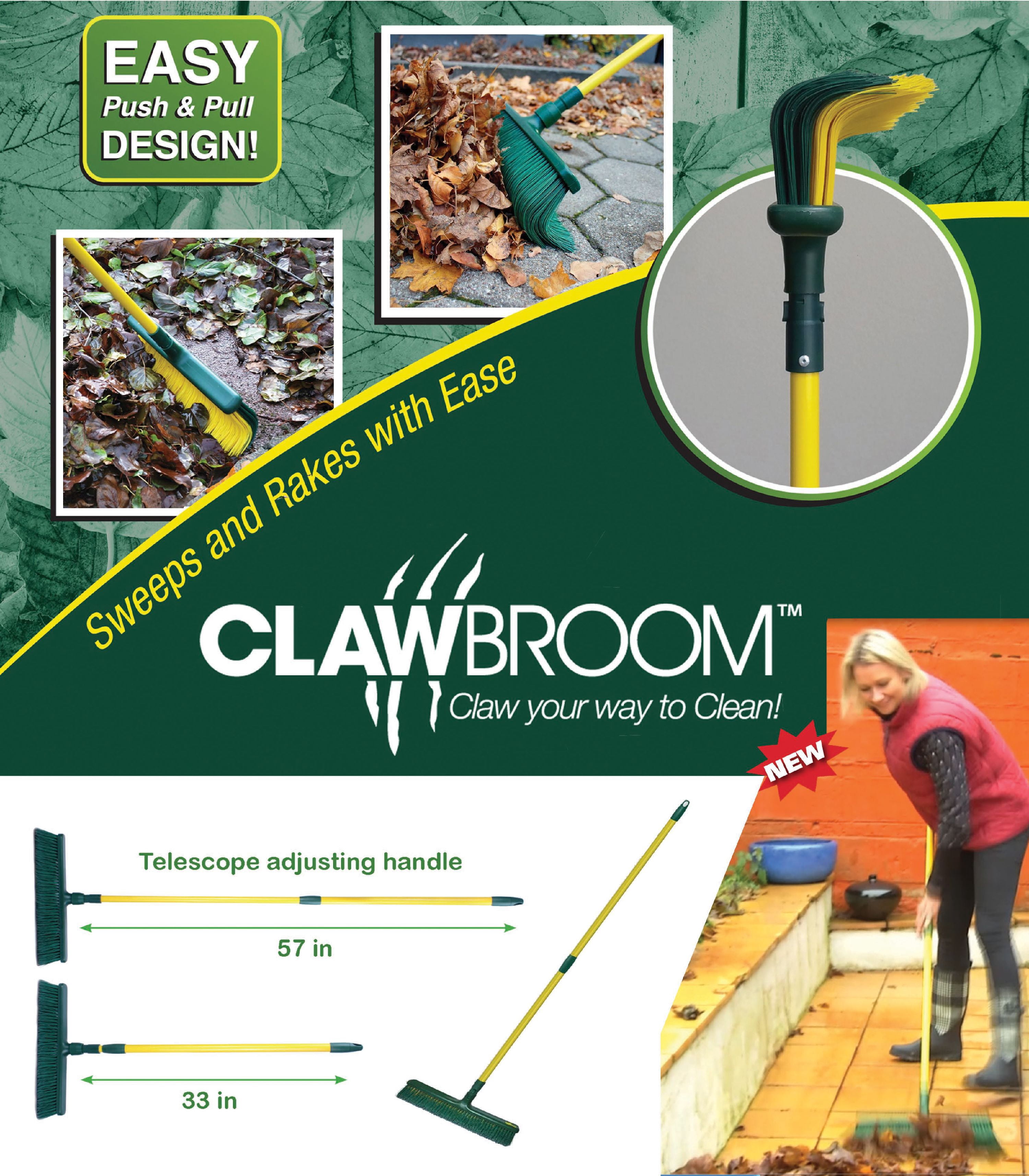 Clawbroom&reg; - Combination Broom and Rake, Easy Push & Pull Design, Use on Stairs and Uneven Surfaces, As Seen on TV