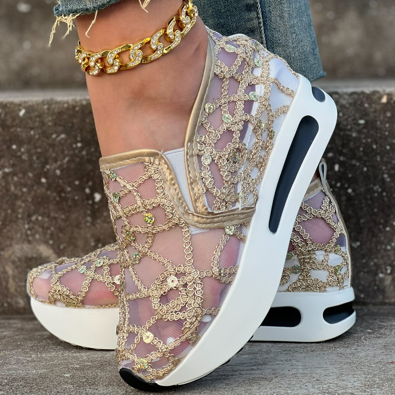 Sparkling Women s Wedge Sneakers Breathable Mesh Comfortable Platform Shoes for Carnival Music Festivals Walmart