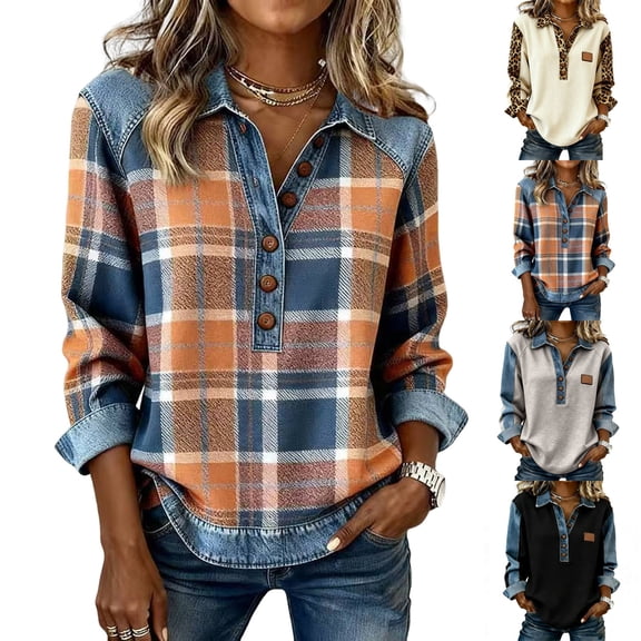 VJGBEGW Women's Denim Patchwork Sweatshirts Henley Button Lapel Collar Long Sleeve Shirt Color Block Loose Fit Pullover Tops Blue L