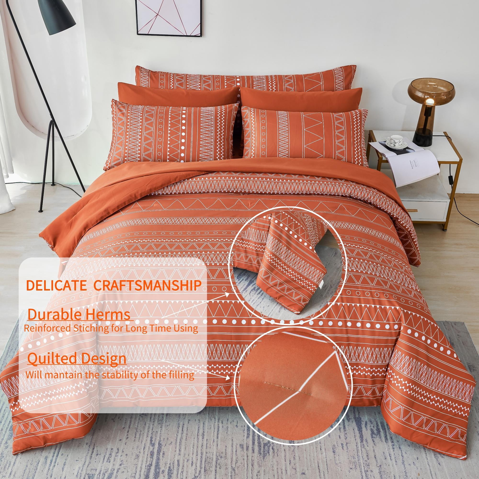 RYNGHIPY Burnt Orange Comforter Set Queen Size, Pumpkin Rust Boho Bed in a Bag Lightweight Microfiber, Terracotta Geometric Comforter Women Men Bedding (Burnt Orange,Queen Size)