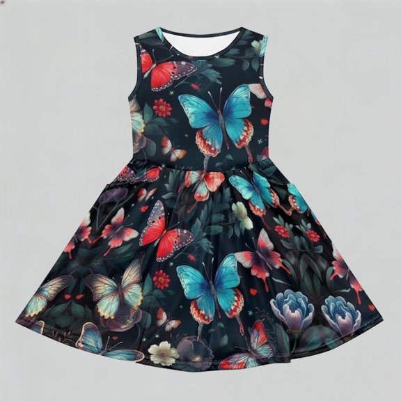 TrendOFT Girls Dresses For Kids Sleeveless Pocket Cartoon Cute Print Casual Dress For Children Black 3-4 Years