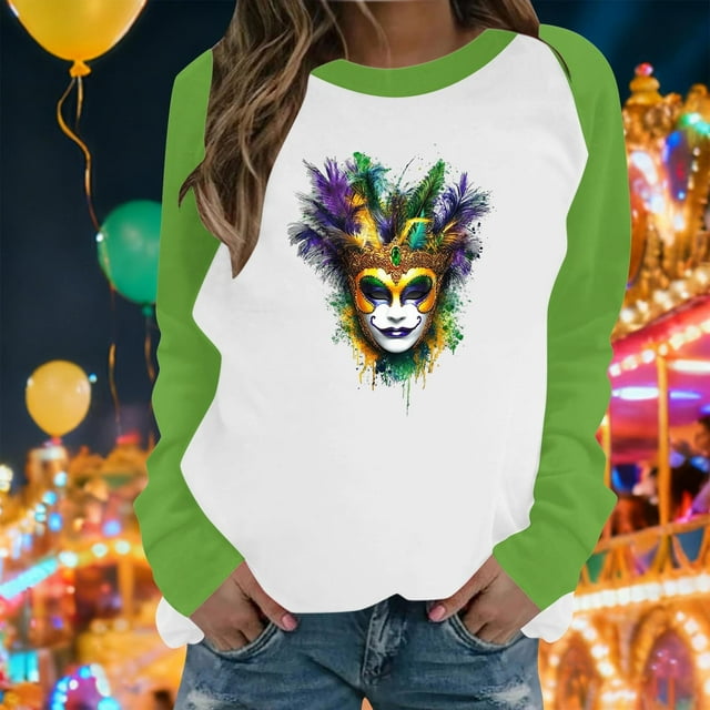 Xuyuer Mardi Gras Shirts for Women Shirt Funny Mask Graphic Tee Carnival Long Sleeve Shirt V Neck Top