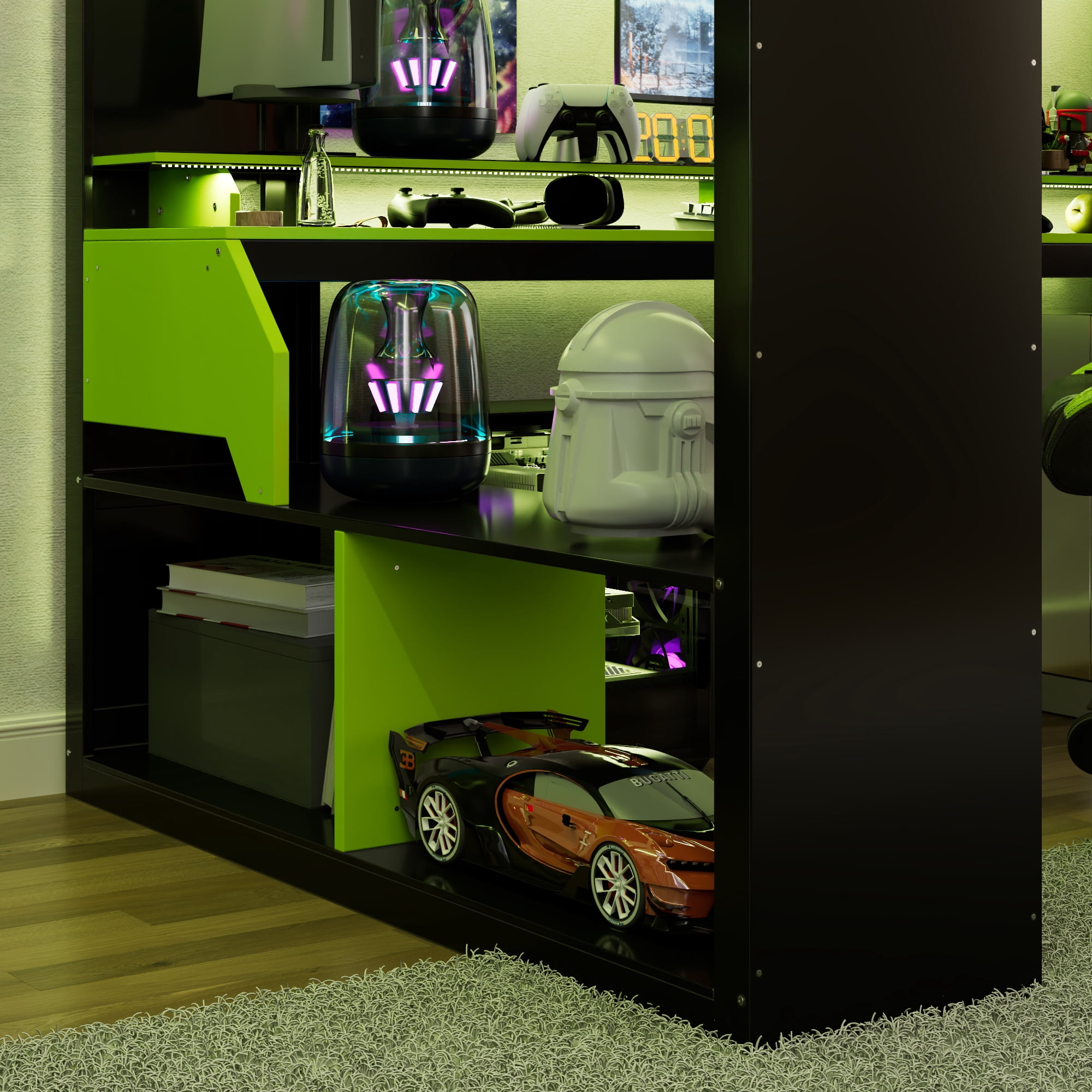 Mintazer Full Size Gaming Loft Bed with RGB LED Lights, Power Outlets and Dual Side Storage Shelves, Black & Green