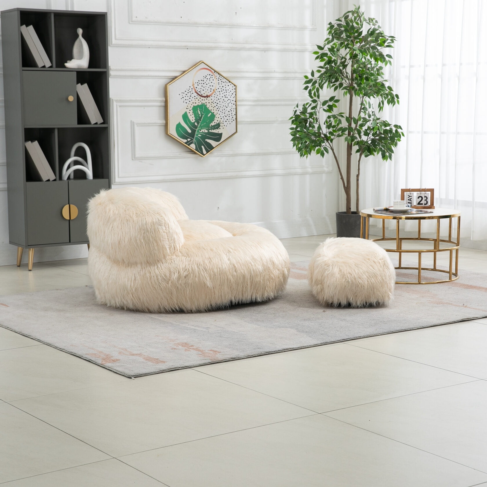 Faux Fur Bean Bag Chairs with Ottoman Oversized Fluffy Accent Chair and Foot Stool Set Oversized Fuzzy Floor Lazy Lounger Sofa for Adult Kids Living Room Bedroom Home Office Beige Walmart