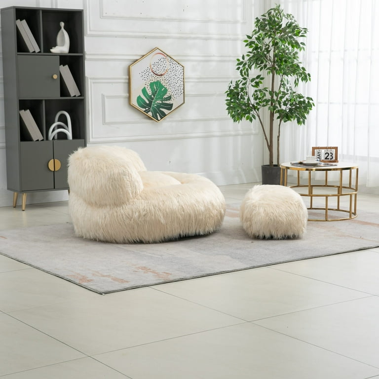 Faux Fur Bean Bag Chairs with Ottoman Oversized Fluffy Accent Chair and Foot Stool Set Oversized Fuzzy Floor Lazy Lounger Sofa for Adult Kids Living Room Bedroom Home Office Beige Walmart