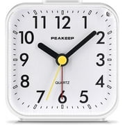 Peakeep Small Battery Operated Analog Travel Alarm Clock Silent No Ticking, Lighted on Demand and Snooze, Beep Sounds, Gentle Wake, Ascending Alarm, Easy Set (White) White