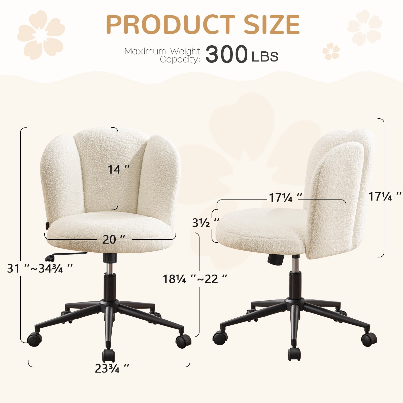 Furniliving Modern Upholstered Home Office Chair with Cloud Shaped Backrest, Cute Armless Vanity Chair, 360° Swivel Height Adjustable Desk Chair, Computer Task Chair for Bedroom, White