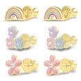 thumbnail image 3 of 3 Pairs Gold Plated Sterling Silver Pastel Enamel Rainbow, Enamel Crystal 3-Flower and Pink Enamel Crystal Flower Stud Earrings - Age 4+, 3 of 5