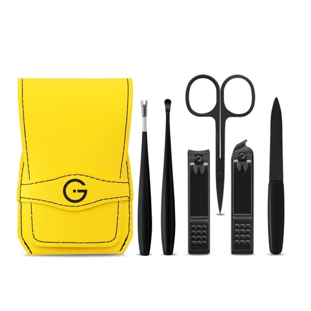 Juego de 6 herramientas de manicura y cuidado personal en acero inoxidable, incluye cortaúñas, lima, empujador de cutículas, limpiador de oídos, tijeras para cejas y nariz, con práctico estuche negro