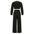 thumbnail image 3 of Women's 2 Piece Outfits V-Neck Puff Long Sleeve Crop Top with Wide Leg Pants Sexy Solid Color Loose Lounge Sets (Black L), 3 of 5