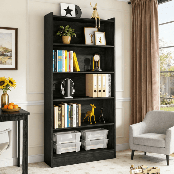 Fnova Modern 72" 6-Tier Storage Shelf, Wooden Shelving Unit, Closed Back & Side Panels for Living Room/Kitchen/Home Office, Easy Assembly