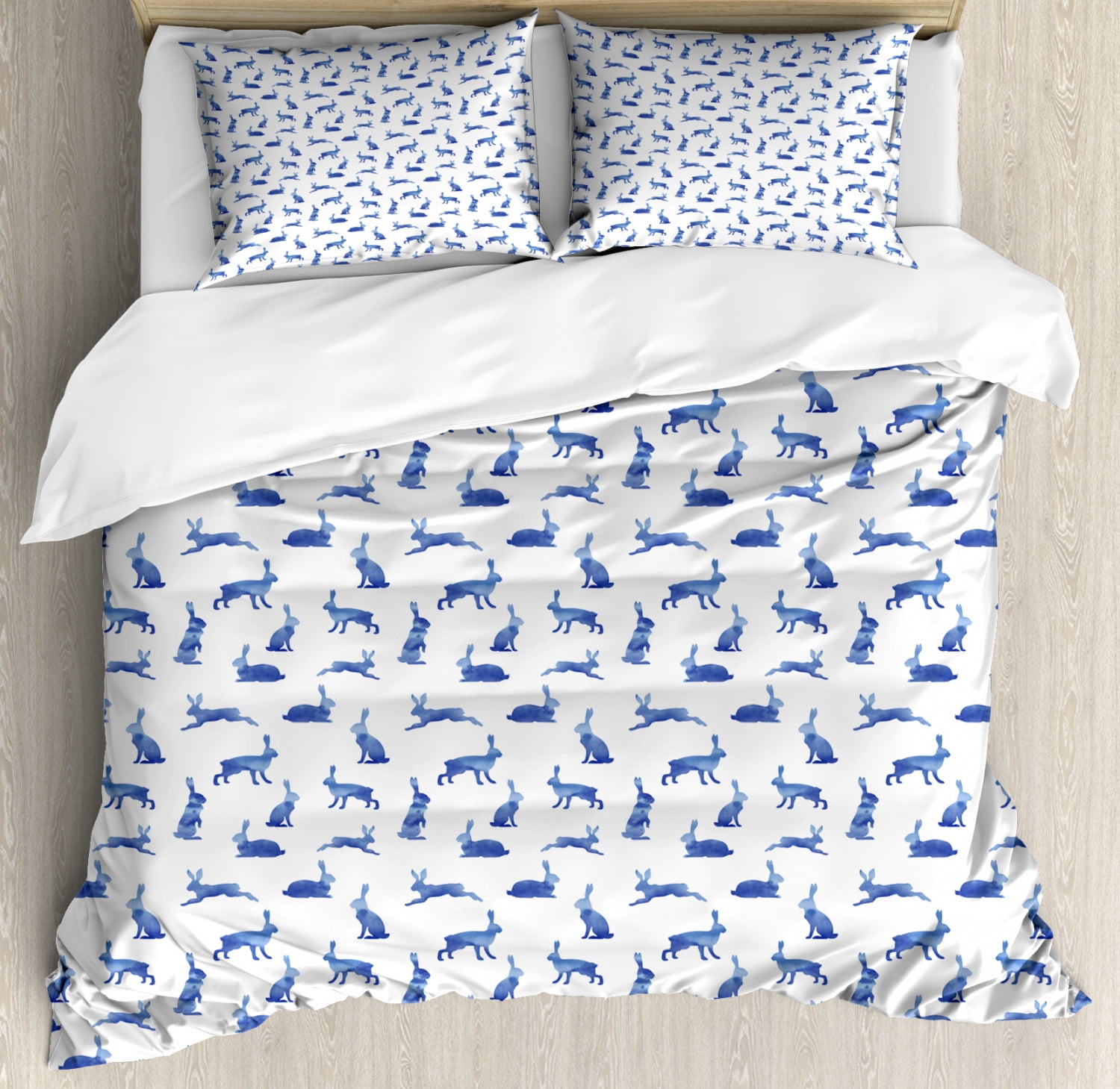 Bunny Duvet Cover Set Queen Size, Rabbits Jumping Sitting Standing