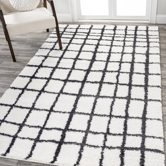 JONATHAN Y MOROCCAN HYPE 8 x 10 Area Rug, Arenal Geometric Grid Shag - White/Gray, MOH409A-8