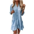 thumbnail image 2 of Aloohaidyvio Dresses Plus Size,Womens Summer Washed Cotton Half Sleeve A-Line Mid Length Denim Ruffle V-Neck Button Dress, 2 of 6