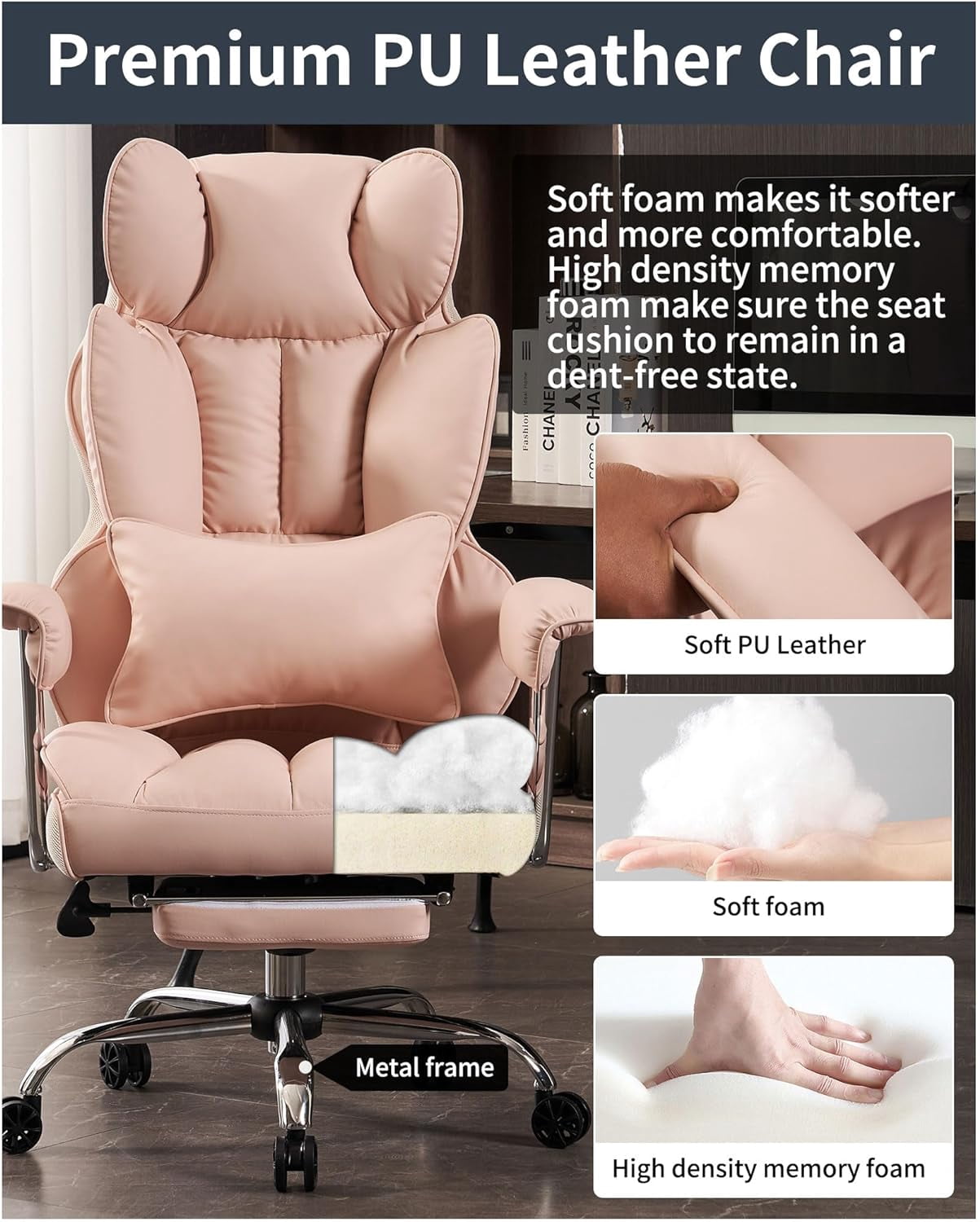 Woodty Executive Chair, PU Leather, High Back & Lumbar Support, Adjustable Armrests, Pink