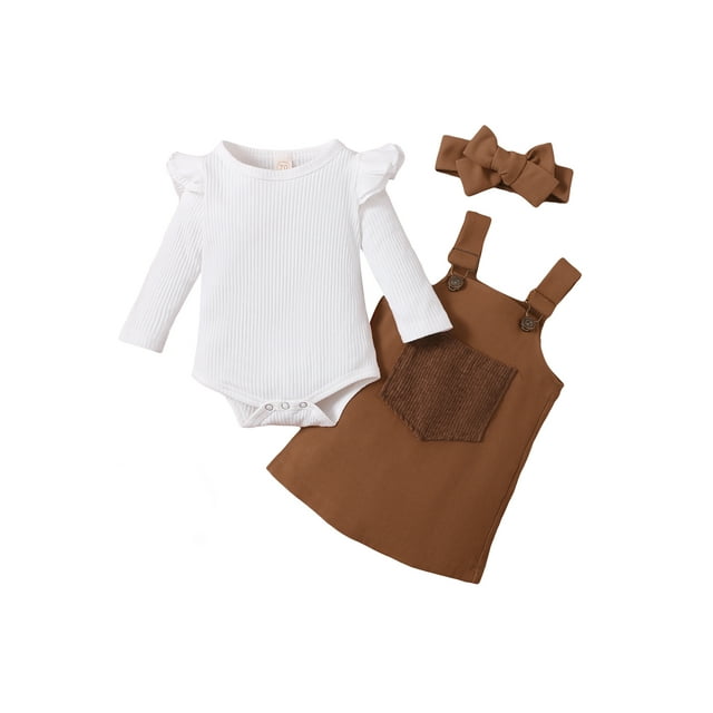 Fortune 2Pcs Baby Girl Fall Clothes,0-18 Months Infant Ruffle Long Sleeve Ribbed Romper+Pocket Suspender Skirt