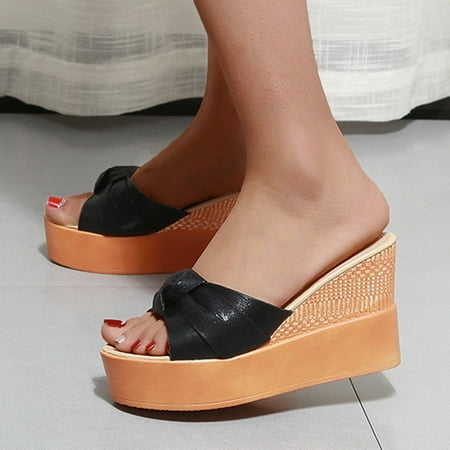 

kpoplk Wedges For Women Dressy Womens Close Toe Platform Slip on Elastic Criss Cross Straps Wedges Sandals(Black)
