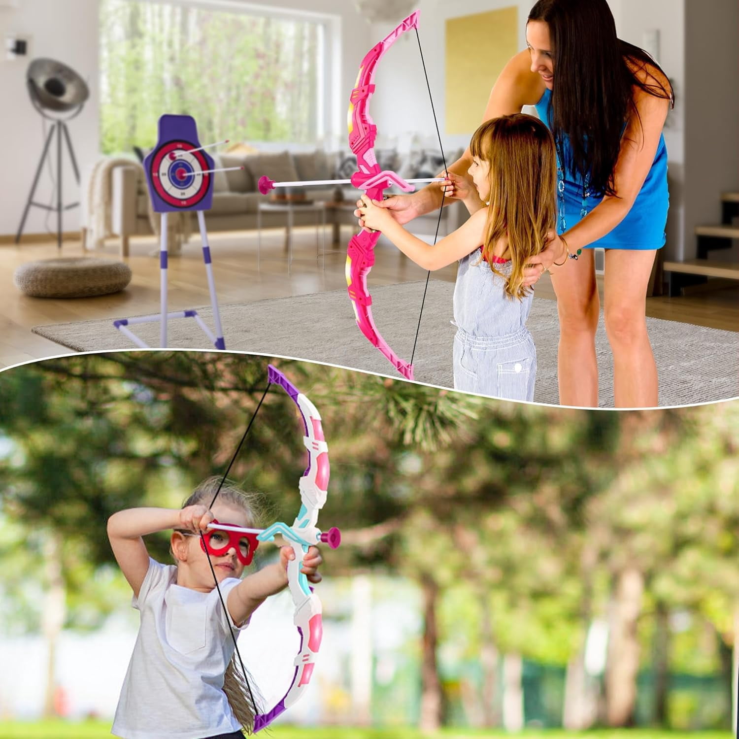 Bow and Arrow Set for Kids, 2-Pack LED Light Up Archery Set with 20 Suction Cup Arrows, Indoor and Outdoor Toy for Boys Girls Age 4-8 8-12 with Standing Target&2 Quivers
