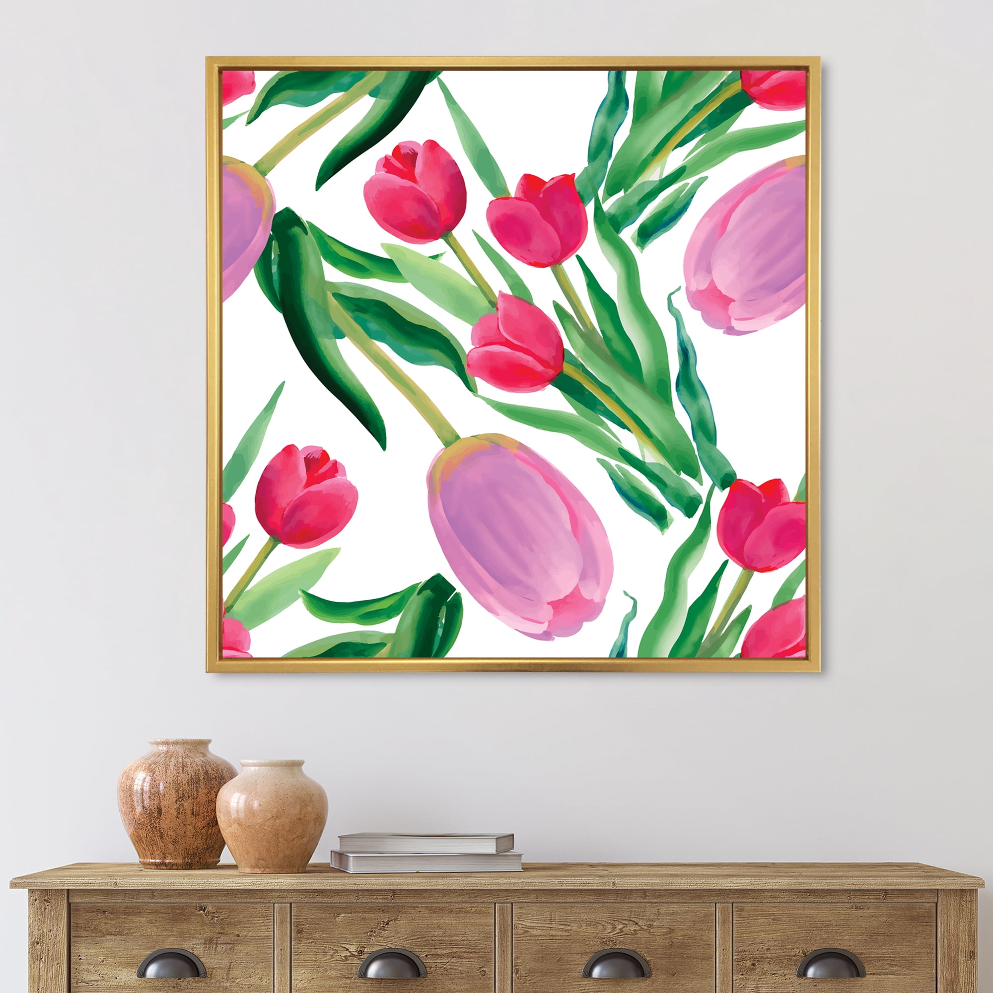 Designart 'Blooming Beautiful Pink Tulips Flowers On White' Traditional Framed Canvas Wall Art Print