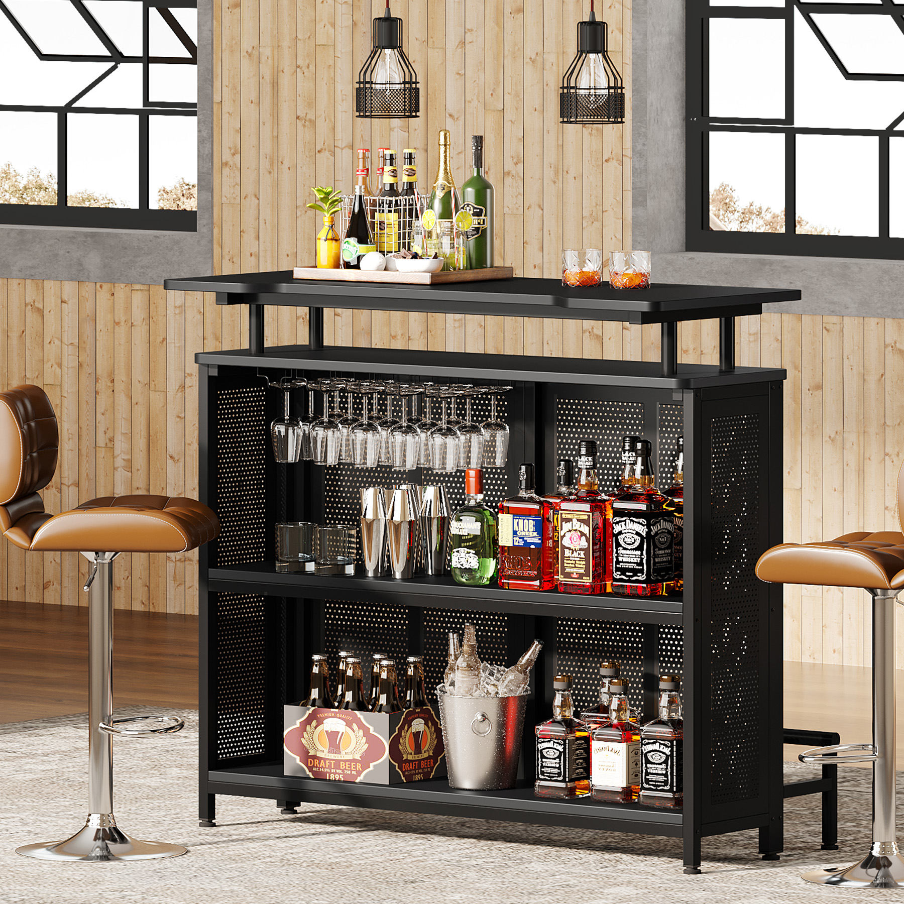 Tribesigns Home Bar Unit 3 Tier Liquor Bar Table with Stemware Racks ...