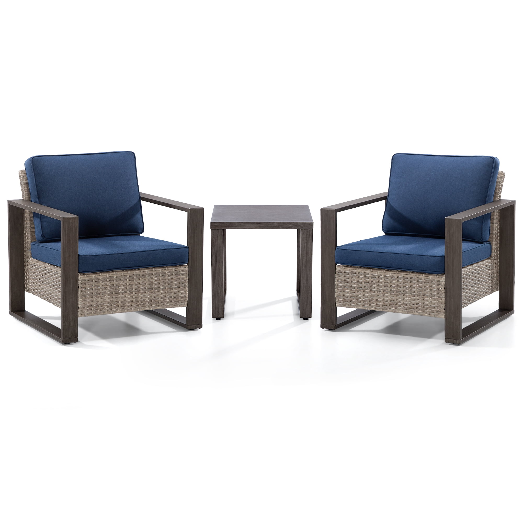 MeetLeisure Outdoor Wicker Metal Chairs Set of 2 with Side Table, 3 Pieces Patio Bistro Set with Removable Olefin Cushions & Wood-Looking Metal Armrest, Dark Blue